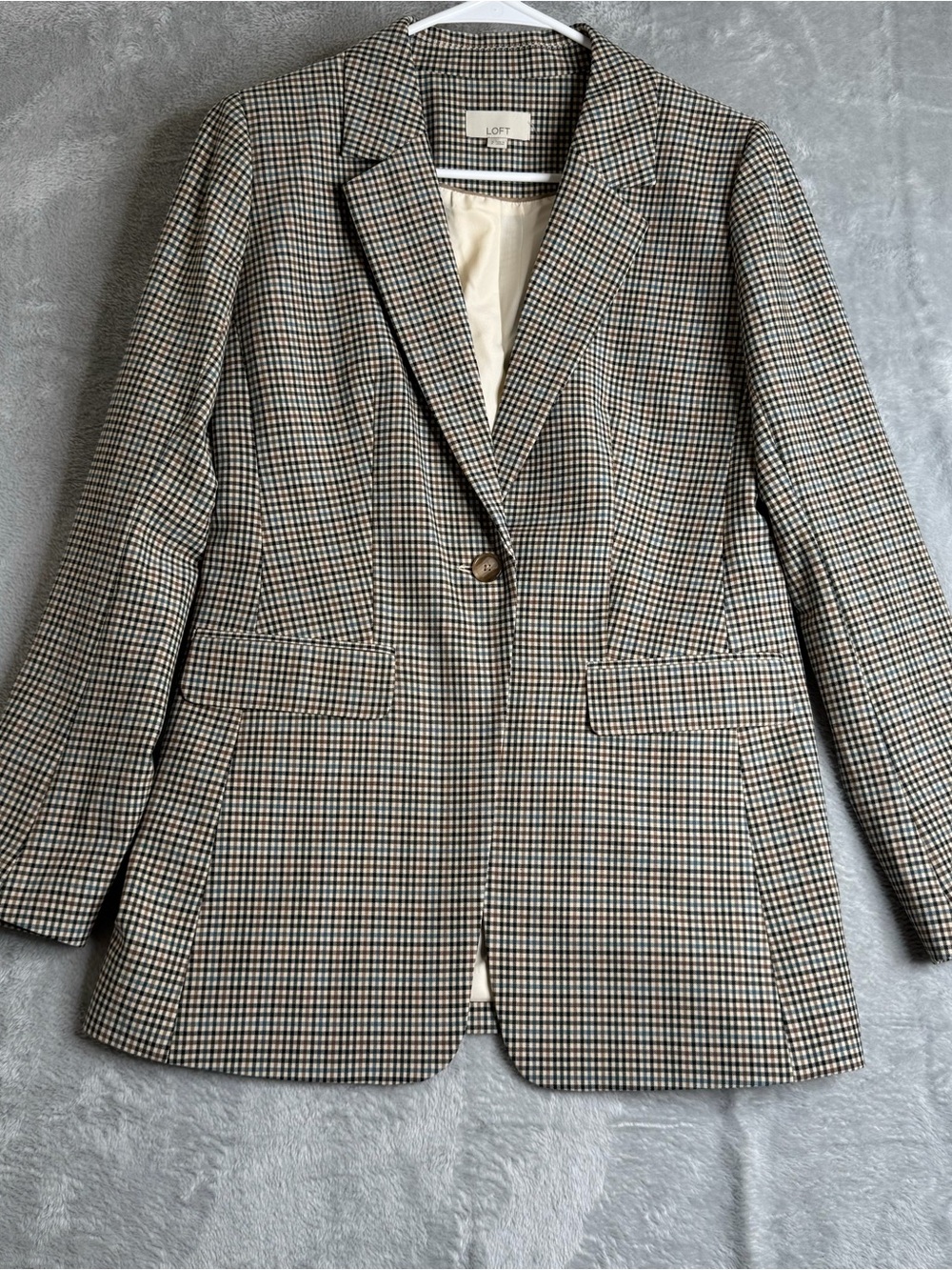 Share LOFT Blazer Womens 2 Tan Plaid Check Long Modern Career Officewear Work Ci
